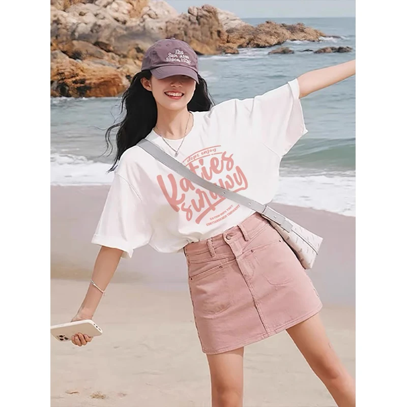 纯棉短袖t恤女宽松韩版原宿风2025新款字母印花全棉白色圆领上衣