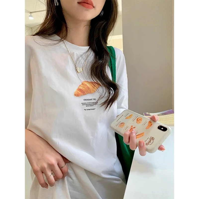 2025趣味牛角面包印花白短袖T恤女夏季韩系宽松百搭休闲上衣chic