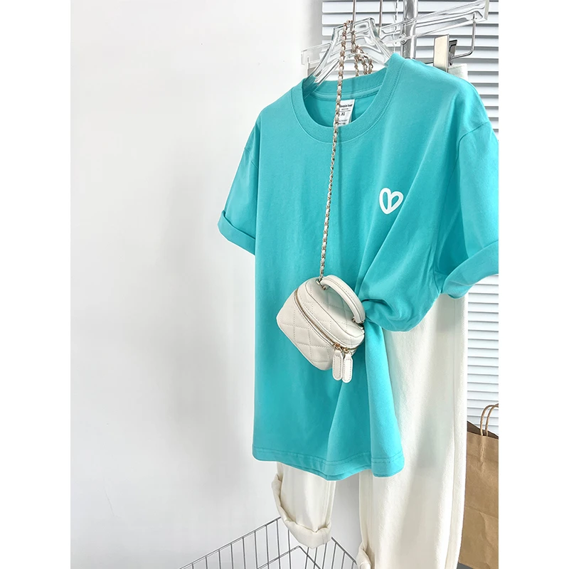 湖水蓝爱心纯棉短袖t恤女夏季小众设计感半袖上衣圆领2025年印花