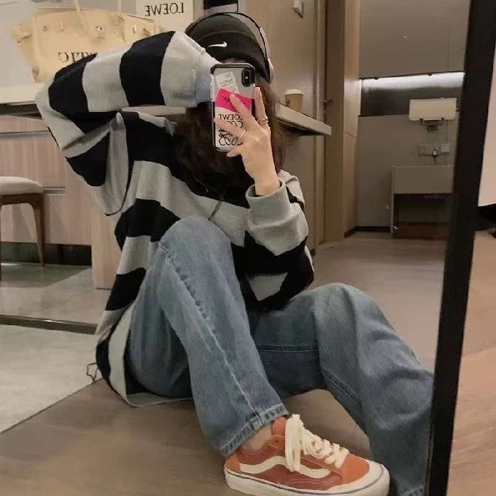 大码女装秋冬2024新款学院风休闲上衣气质外穿宽松条纹韩版