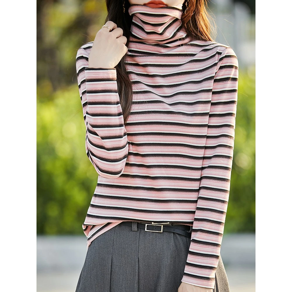 2024秋冬新款双面磨毛条纹打底衫女堆堆领套头长袖保暖内搭打底衫