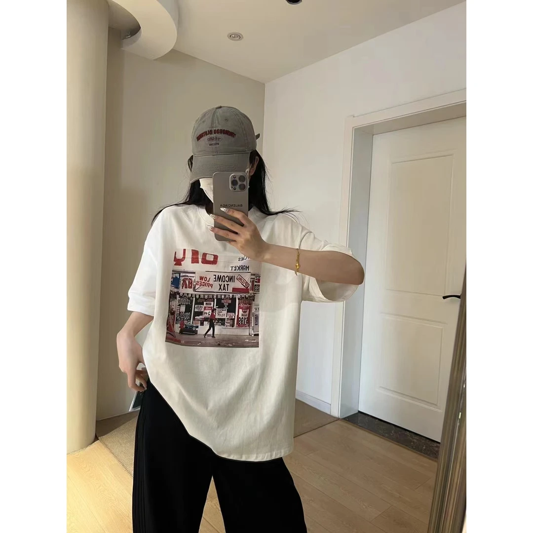 韩版大版t恤女士2024早春新款宽松百搭洋气正肩半袖中长款上衣ins