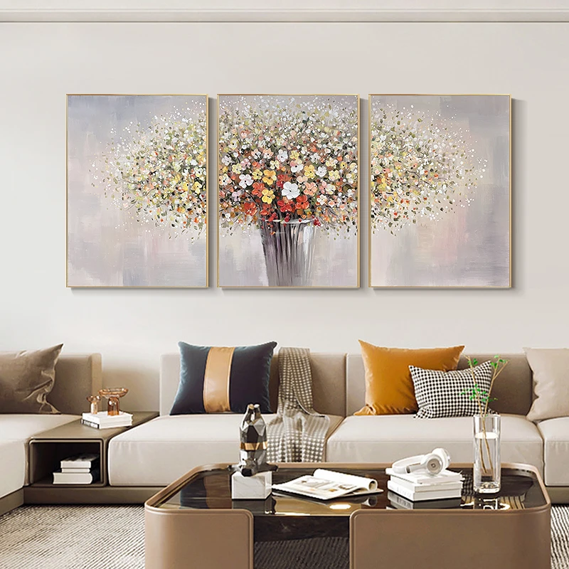 【盛开】纯手绘油画沙发背景墙装饰画奶油风花卉挂画三联厚油壁画