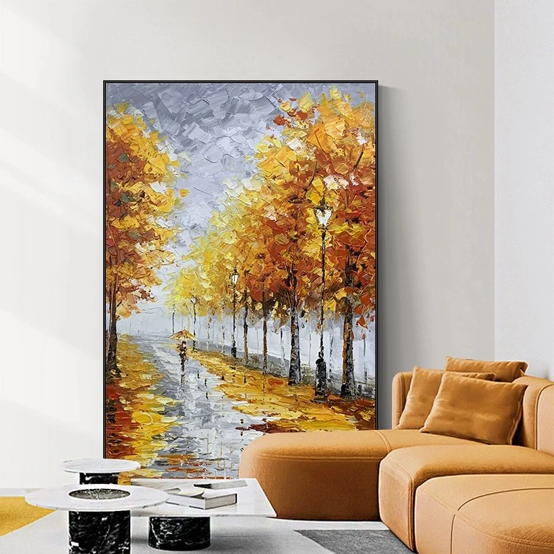 手绘油画美式竖版客厅玄幻关装饰画树林风景厚油刀画走廊过道壁画