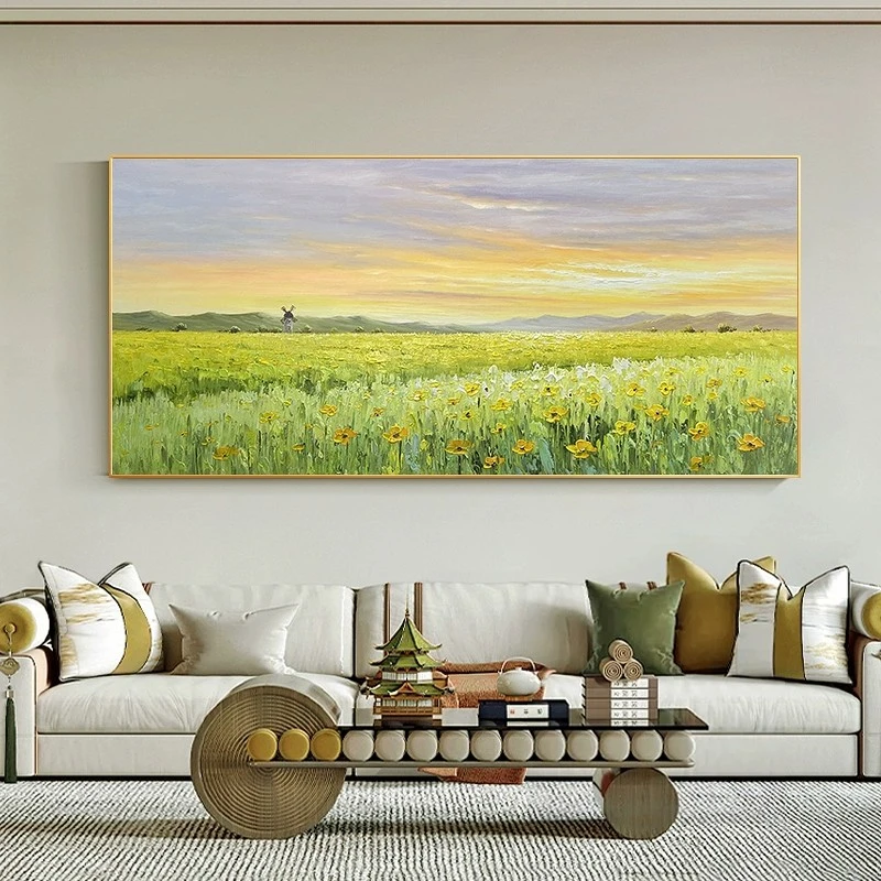 【花海】手绘油画横版日出风景挂画沙发背景墙装饰画壁画丰收新中式