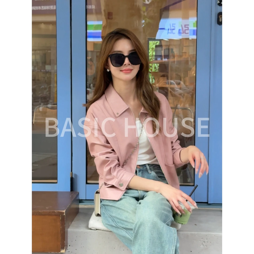 Basic House/百家好2024春秋季新款时尚百搭设计感翻领皮衣女A