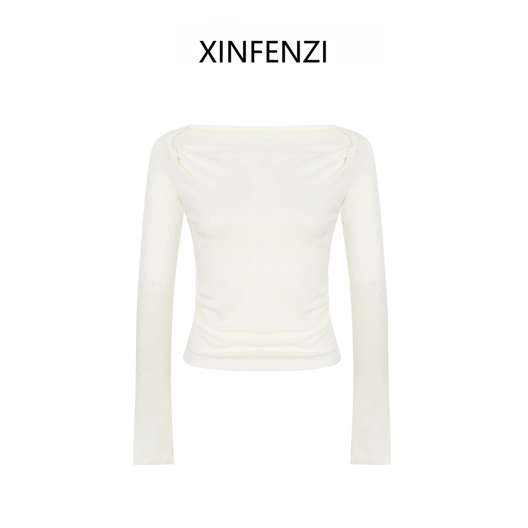 【琉璃结】XINFENZI 洋气修身显瘦抽褶一字扭结打底上衣 WS34071