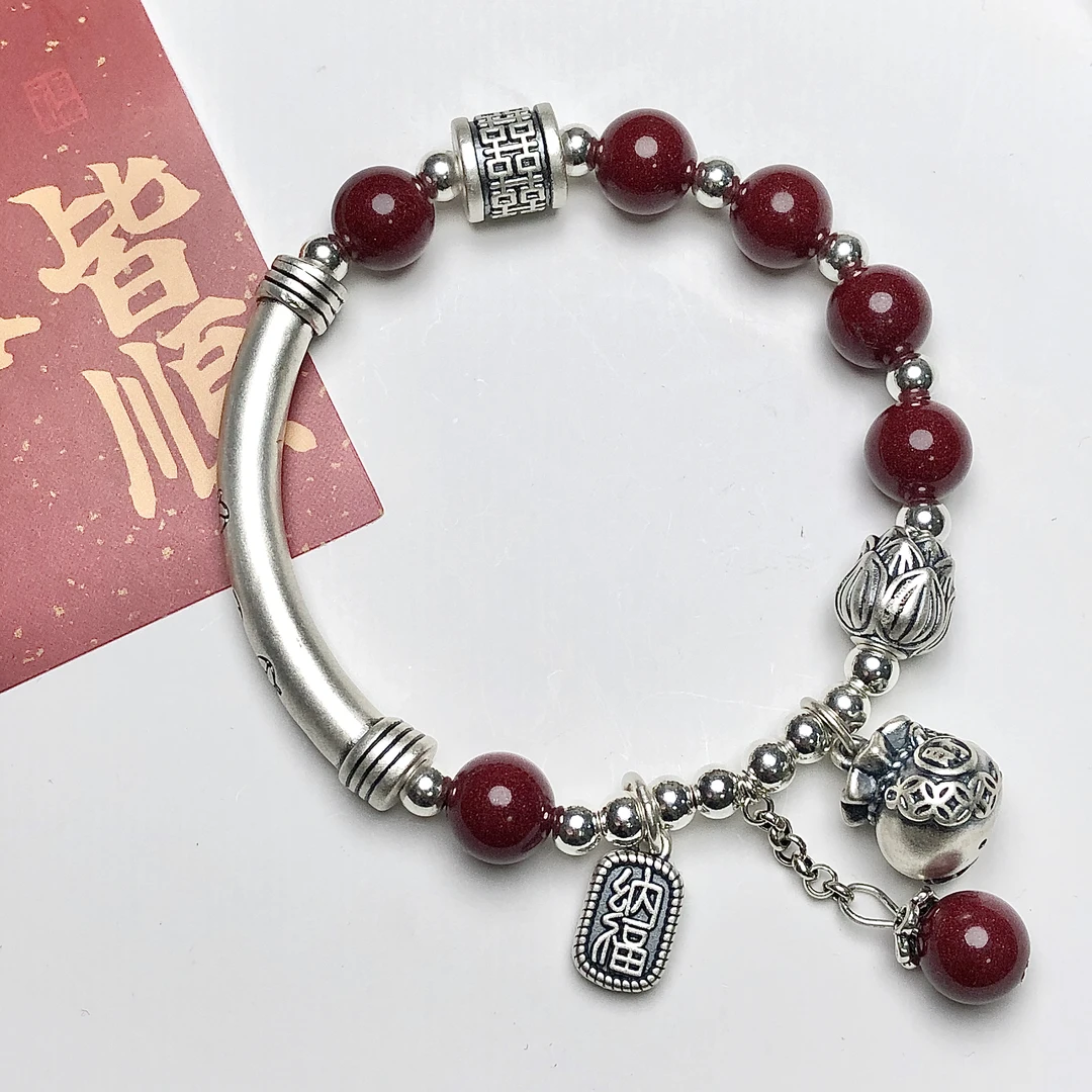 足银手链 【淳银坊】足银弯管 福袋流苏款 女款 气质 复古 手串