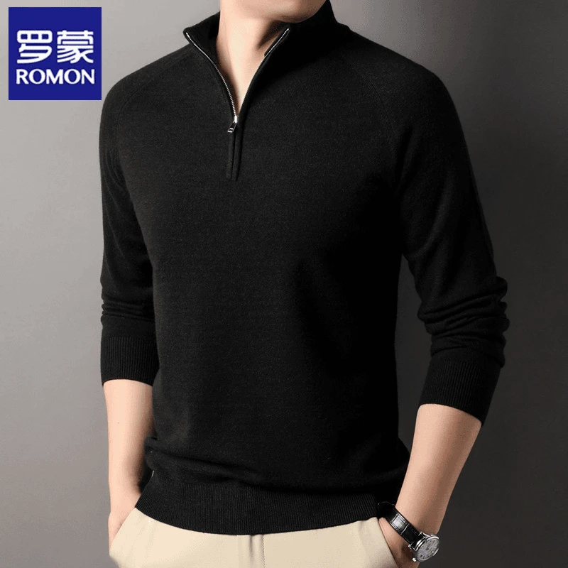 罗蒙毛衫男士保暖含羊毛衫2024秋冬季长袖半高领拉链修身弹力毛衣