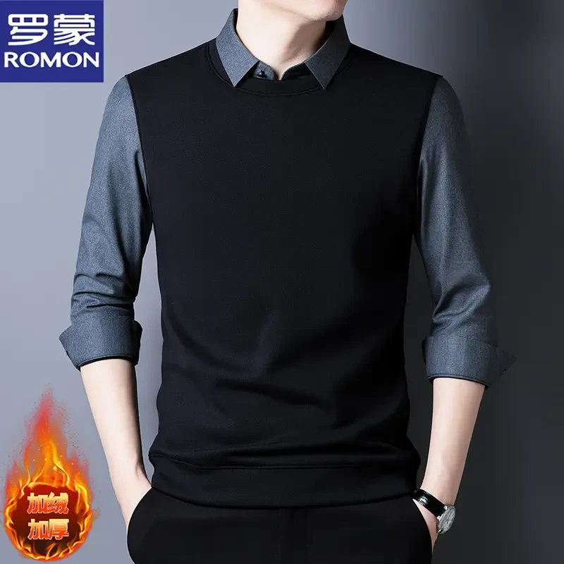 罗蒙男士加绒加厚假两件衬衫领毛衣秋冬季含羊绒高档正装打底上衣