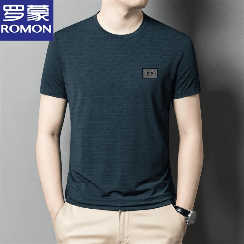 罗蒙夏季冰丝短袖t恤男圆领修身垂感弹力速干中年爸爸夏装上衣服