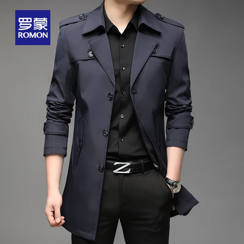 罗蒙轻奢中长款风衣男士秋冬季保暖商务休闲加绒加厚韩版夹克外套