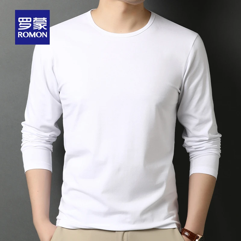 罗蒙纯棉长袖t恤男士春秋季圆领纯色白T恤时尚透气百搭打底体恤衫