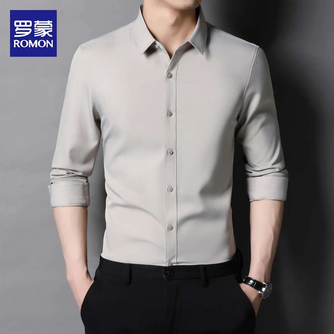 罗蒙长袖衬衫春秋季商务抗皱免烫纯色衬衣中青年休闲男款正装上衣