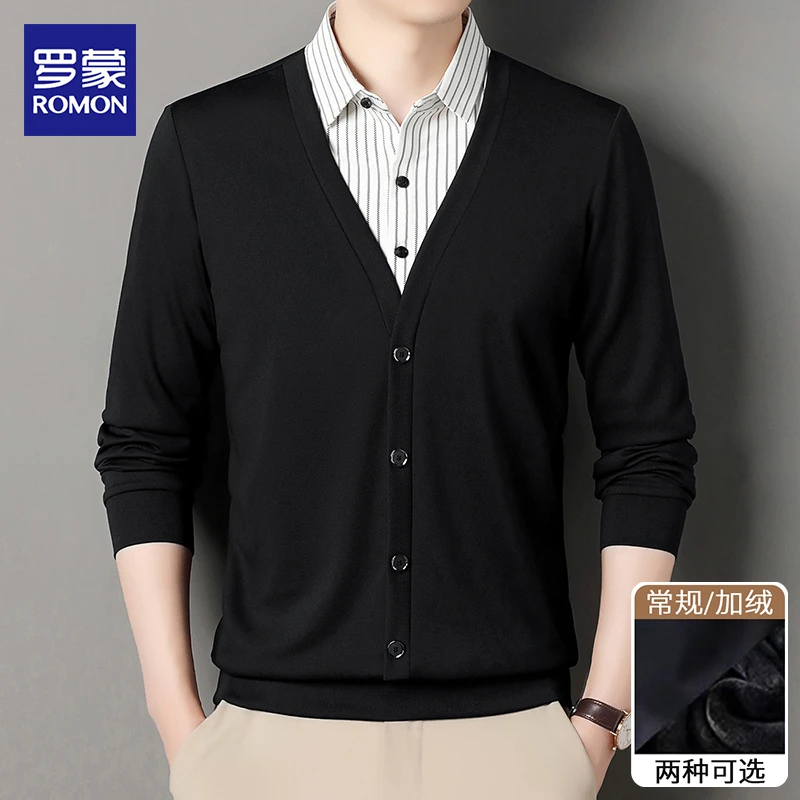 罗蒙加绒假两件长袖T恤男士秋冬加厚保暖衬衫领中青年套头打底衫