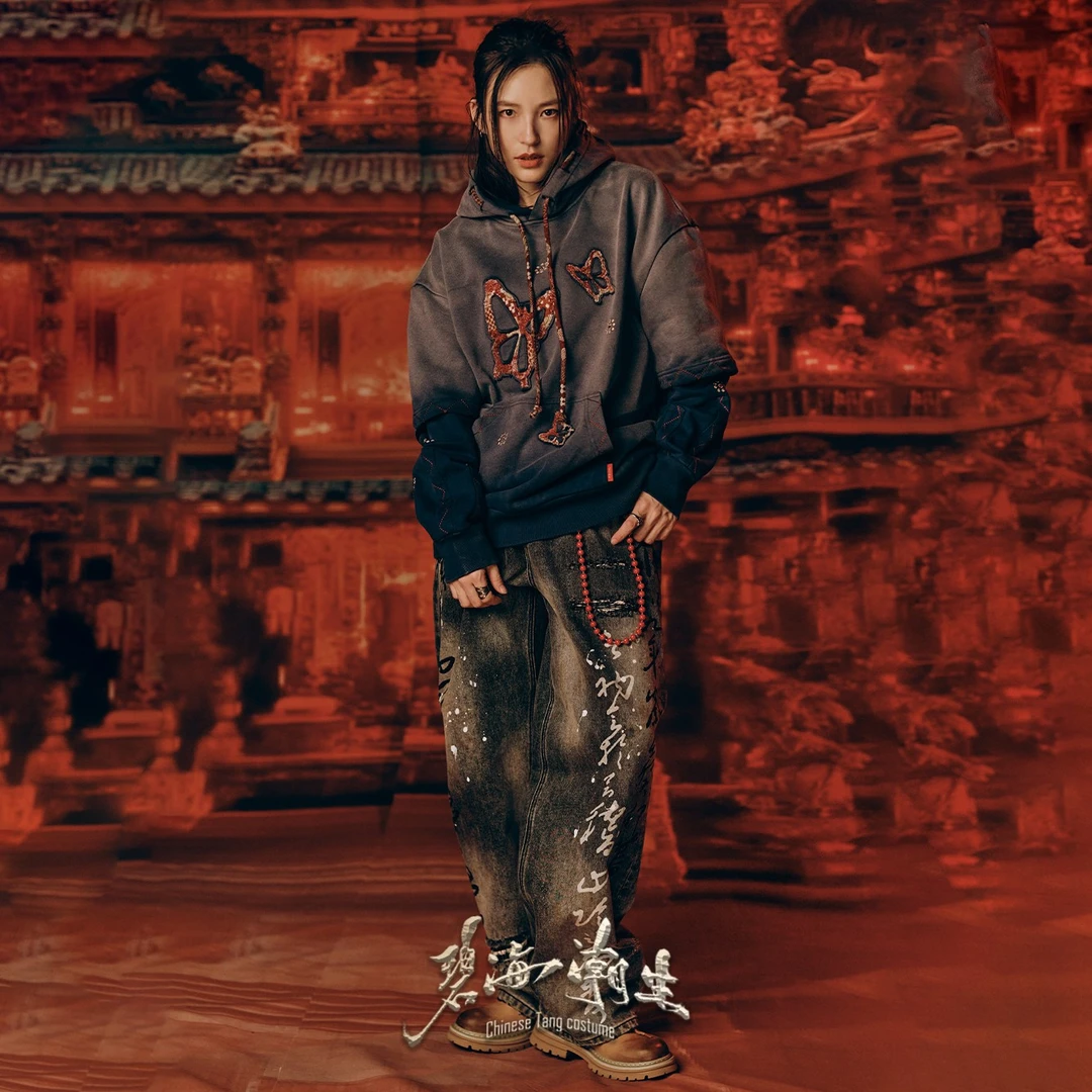 碧海潮生【梦蝶涅槃】秋冬新款中国风国潮水洗渐变刺绣戴帽卫衣