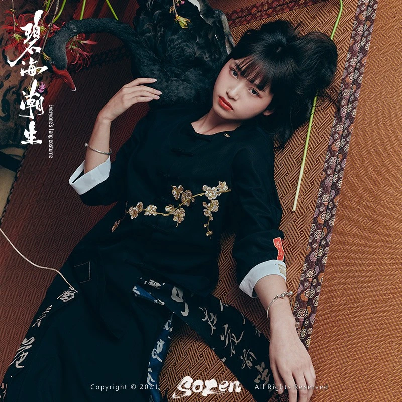碧海潮生<傲雪禅衣>新款原创中国风国潮休闲绣花黑色唐装衬衫男女