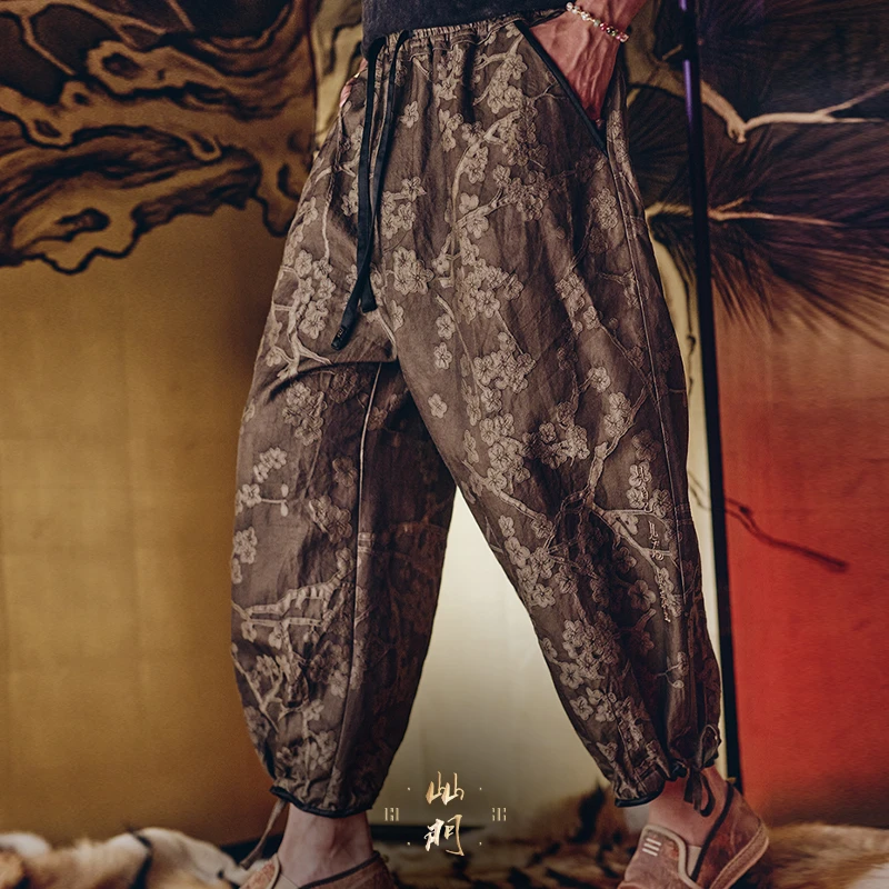 碧海潮生高端限定〓山门47•梅花引〓新中式桑蚕丝羊毛贴花休闲长裤