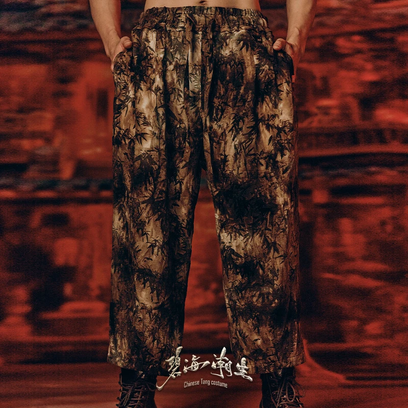 碧海潮生【影竹】新款原创中国风国潮植绒印花宽松休闲长裤
