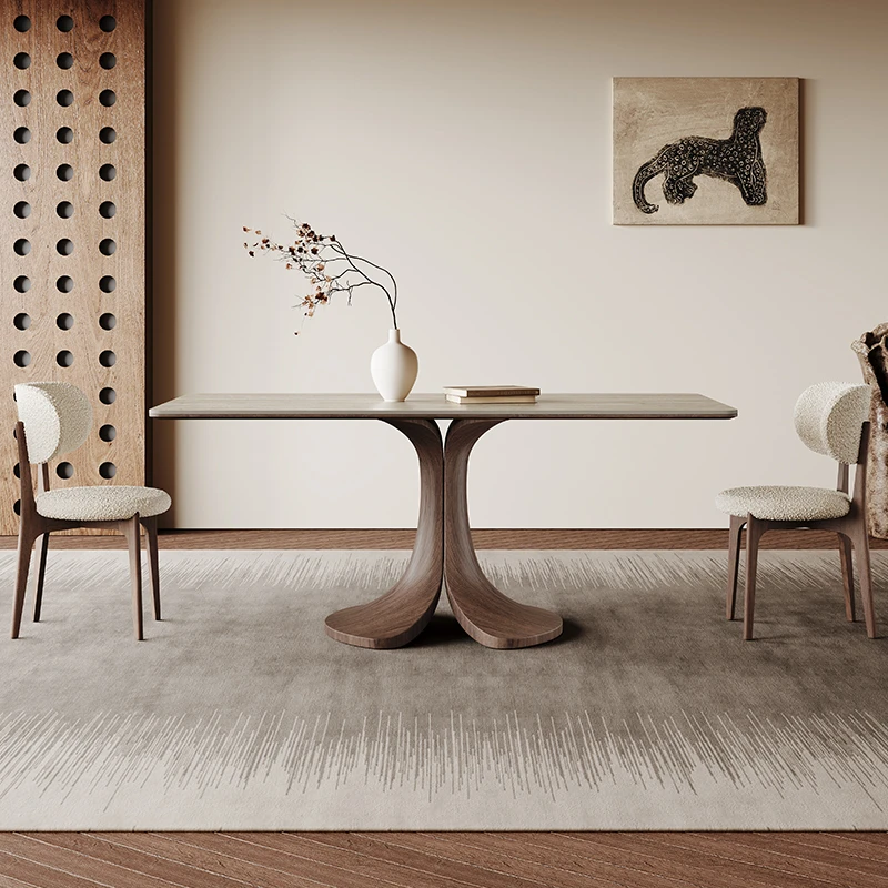 中古风实木餐桌长方形现代简约胡桃色全托底板哑光洞石岩板餐桌椅