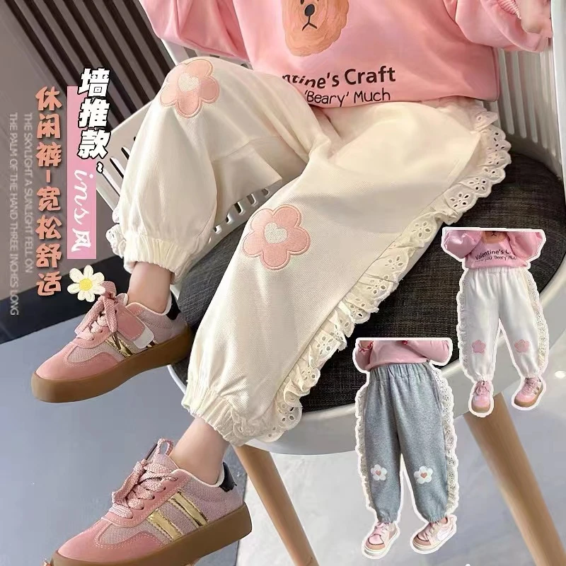 女童外裤加绒新款儿童韩版洋气花边卫裤运动裤宝宝秋冬季舒适外穿