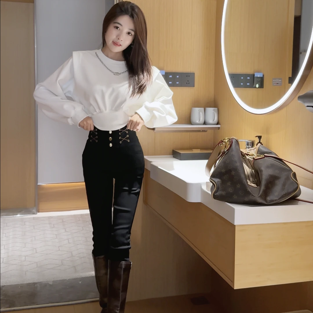 2024秋季新款白色上衣长时尚袖套头卫衣女+高腰紧身铅笔裤小脚裤