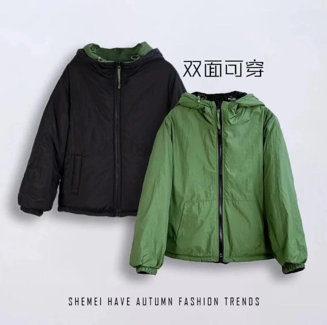 冬季拼色两面穿加厚保暖短款时尚女款潮流休闲宽松百搭棉衣0909