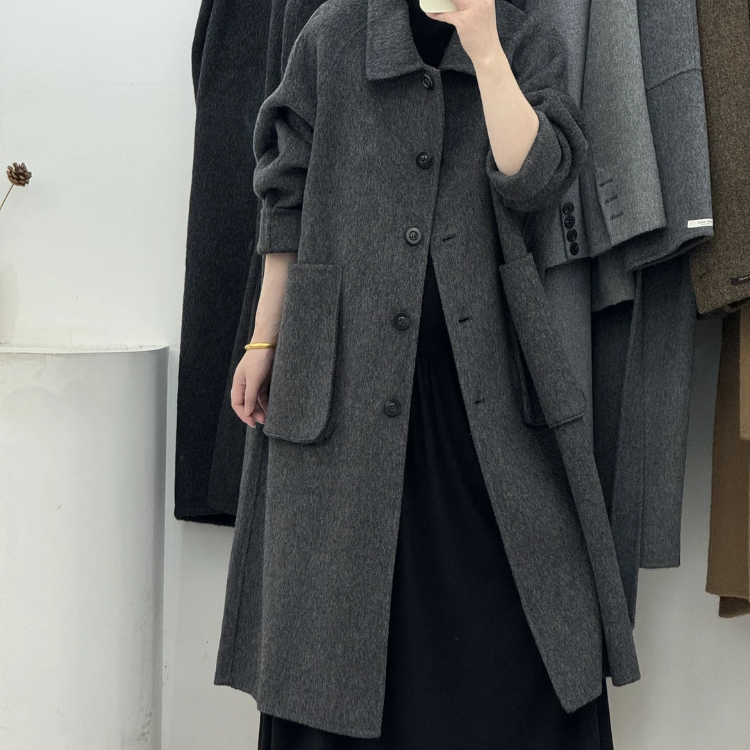 【杭州群姐家】98018立体3D大口袋长款韩系女士毛呢外套冬季