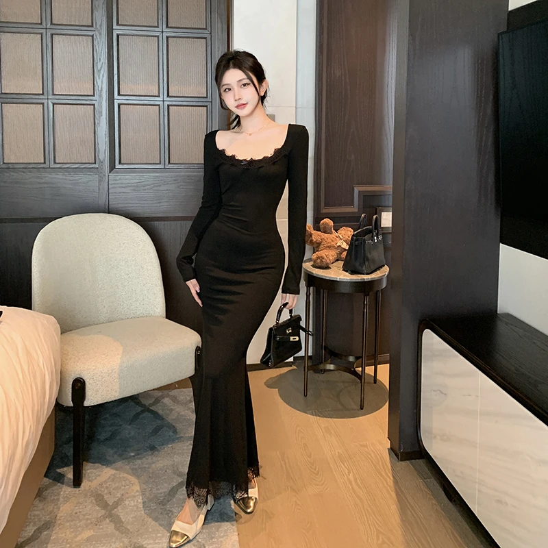 退换补6-8r 秋冬内搭连衣裙女气质显瘦长裙心机打底鱼尾裙