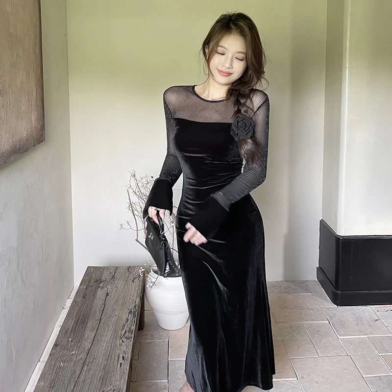 秋季新款外穿修身连衣裙拼接网纱连衣裙女高腰显瘦长款丝绒裙子
