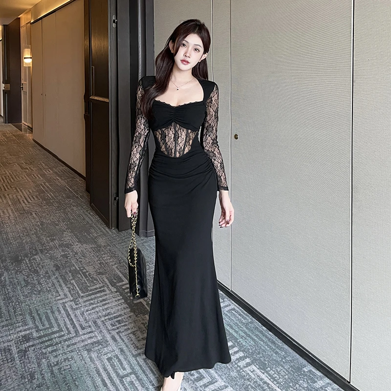 退换补6-8r  黑色法式长裙鱼骨拼接气质名媛长款蕾丝气质连衣裙