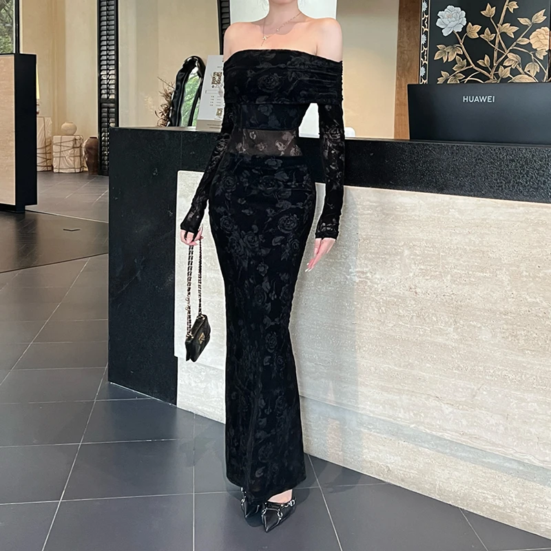 有退换补贴 黑色印花长袖包臀连衣裙小众气质高腰一字肩收腰长裙