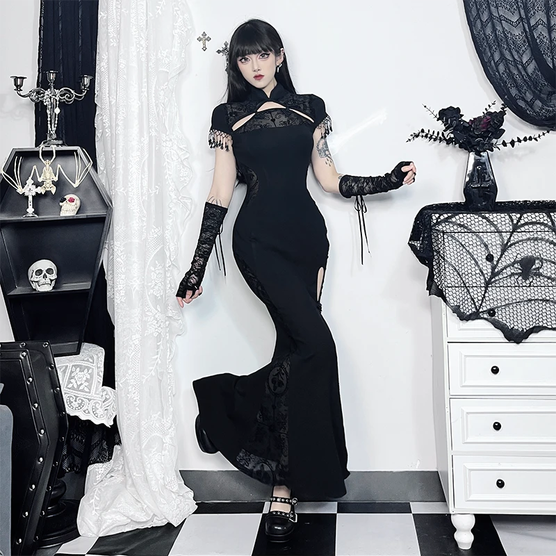 万圣节服饰哥特风新中式改良旗袍性感纯欲高开叉长裙女黑色鱼尾裙