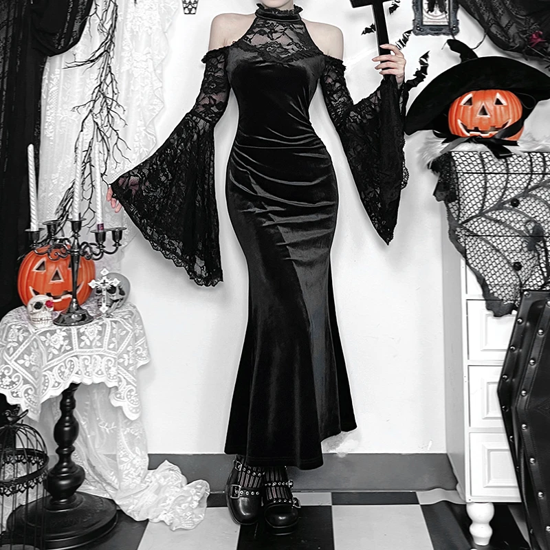 万圣节服装哥特露肩女巫连衣裙新中式黑色服饰修身长裙鱼尾裙子女