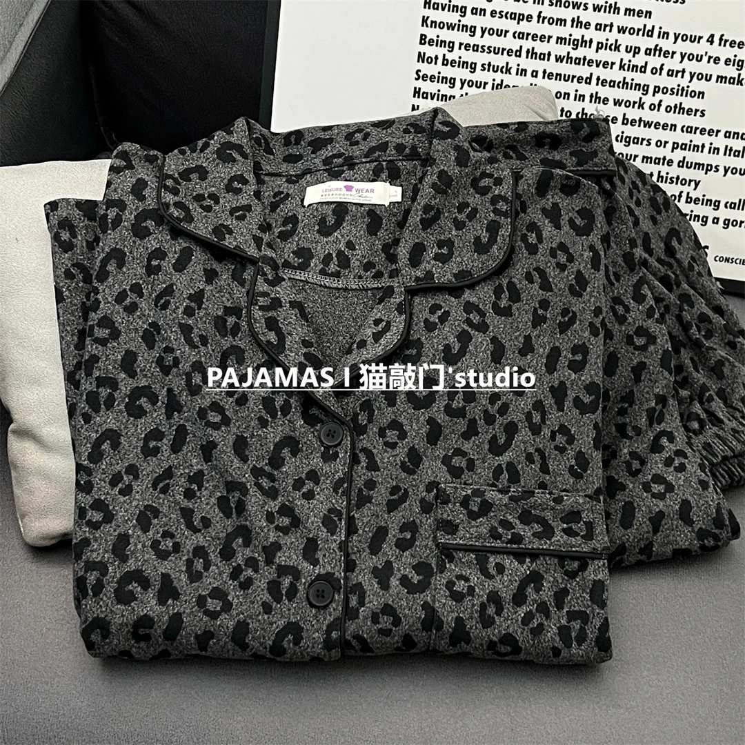 德绒保暖韩版豹纹睡衣女套装秋冬加绒加厚印花宽松翻领春秋家居服