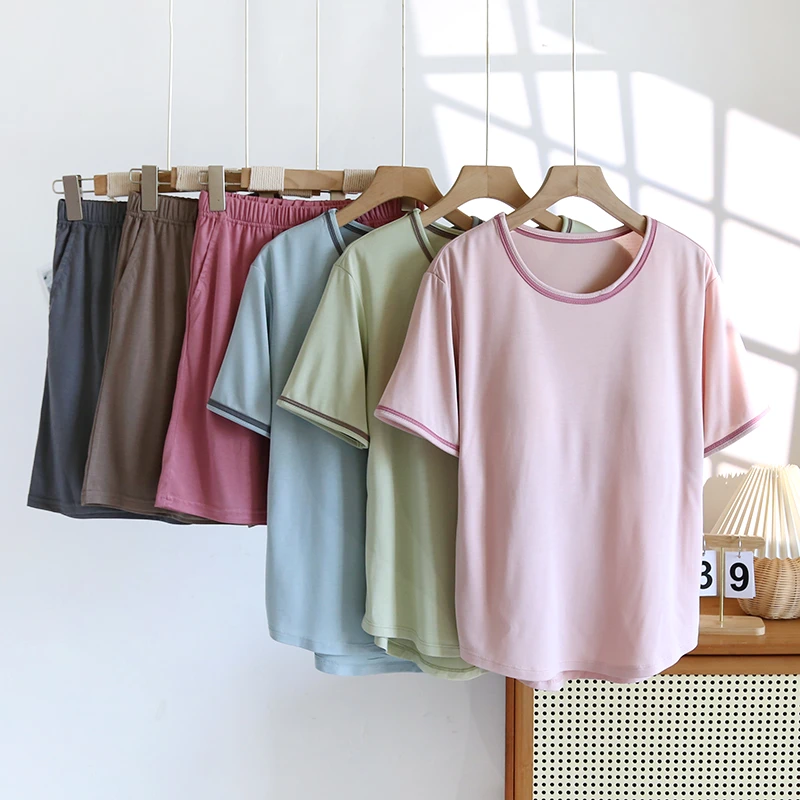 24新款椰油冰丝睡衣女夏薄款凉感短袖短裤带胸垫家居服套装可外穿