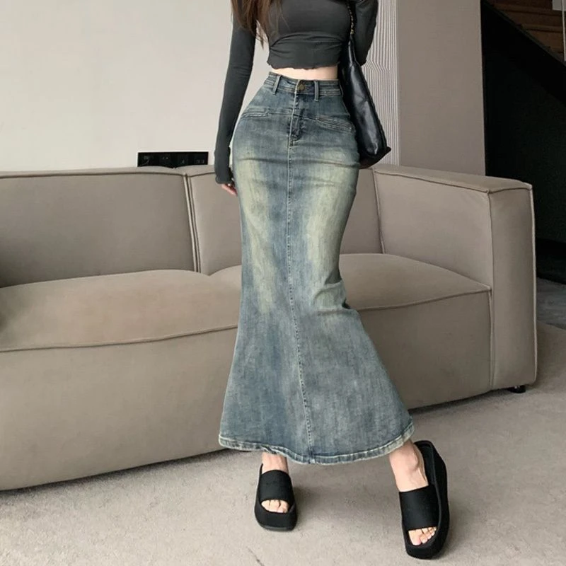 复古高腰包臀鱼尾牛仔裙女秋季大码胖mm显瘦中长款开叉半身长裙子