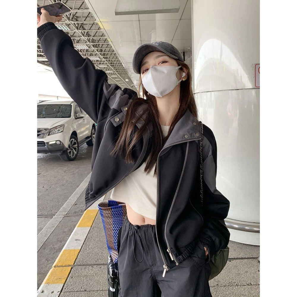 春秋新款小个子设计高级感短款棒球服夹克美式复古黑色拼接外套女