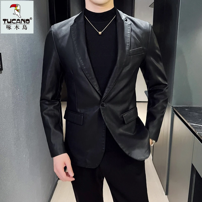 TUCANO/啄木鳥男士皮衣外套修身韩版西装皮衣男款克商务休闲上衣