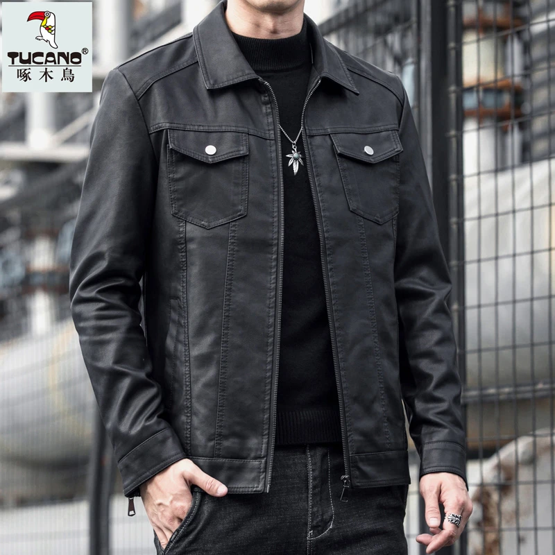 TUCANO/啄木鳥男士翻领机车皮衣新款夹克工装口袋修身春秋皮外套
