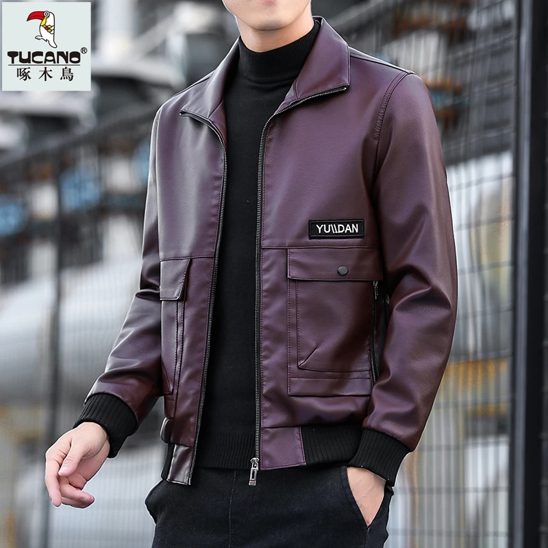 TUCANO/啄木鳥翻领男士休闲皮夹克韩版帅气百搭春季机车皮外套潮