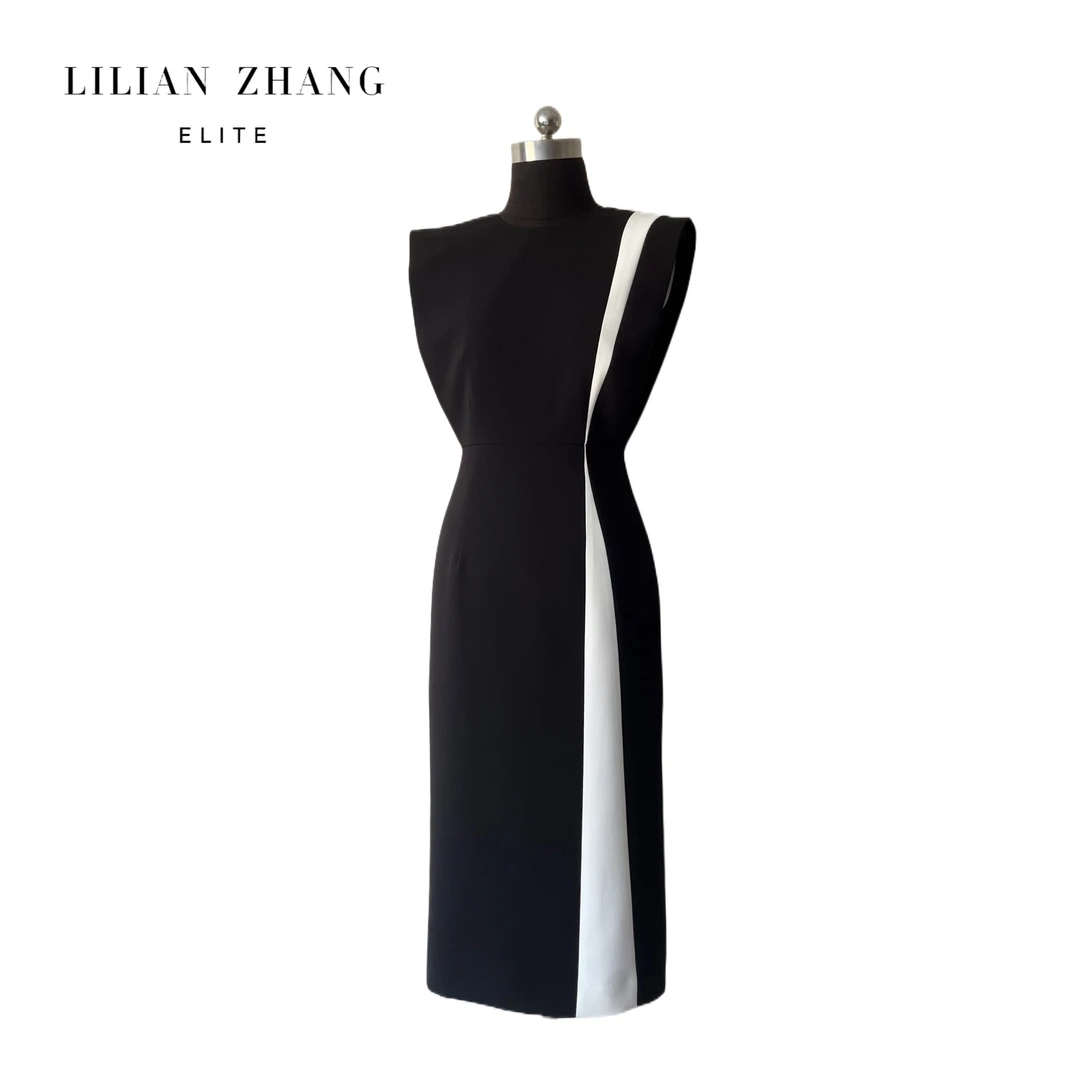 LILIAN ZHANG—“生活艺术”—力量源泉—黑白拼接高级连衣裙  2301073