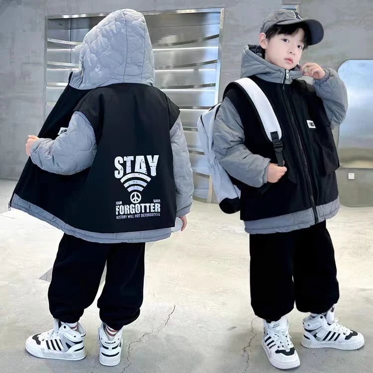 501907 童装男童棉服2024冬儿童夹棉加厚假两件潮酷拉链连帽外套