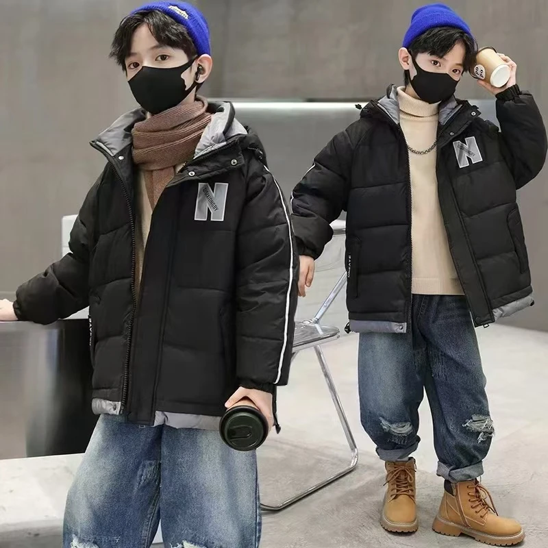 501645童装男童棉服2024冬款儿童加绒棉衣宝宝冬季潮酷连帽厚外套