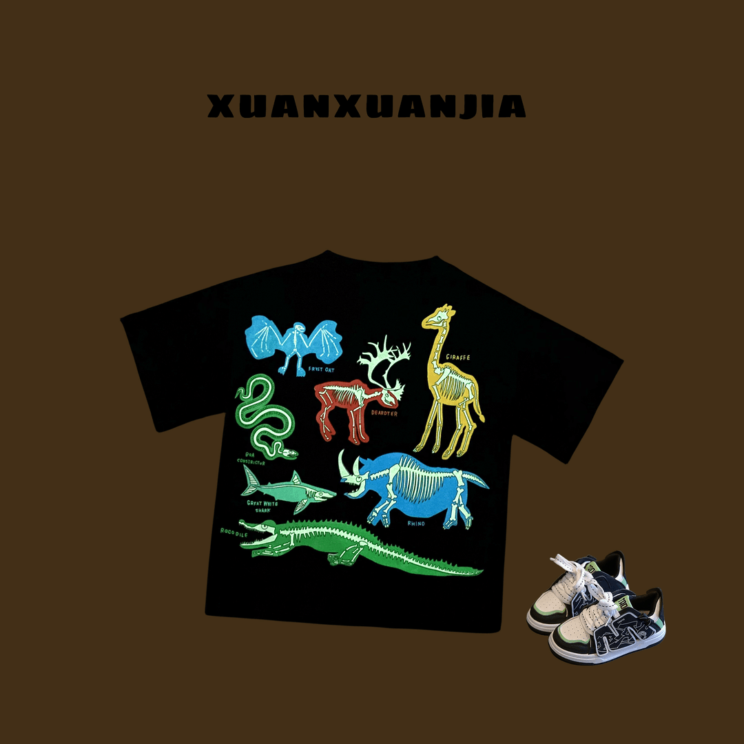 Q2178童装男童夜光恐龙棉T恤2024儿童夏款潮酷短袖宝宝夏款棉打底