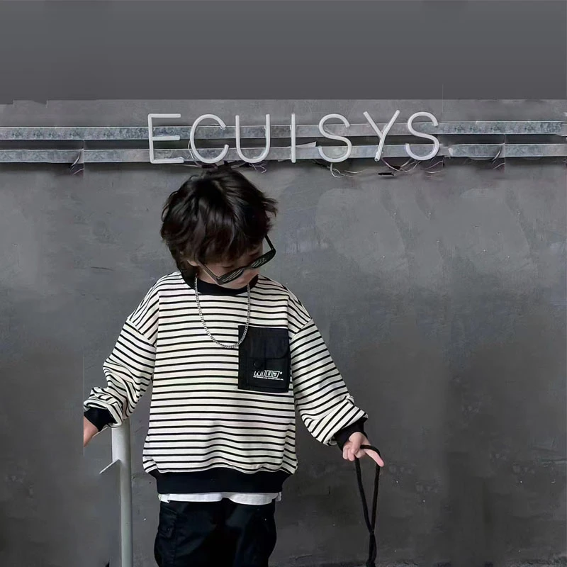 501778童装男童加绒卫衣2024秋冬加绒加厚条纹大男孩潮酷卫衣外搭