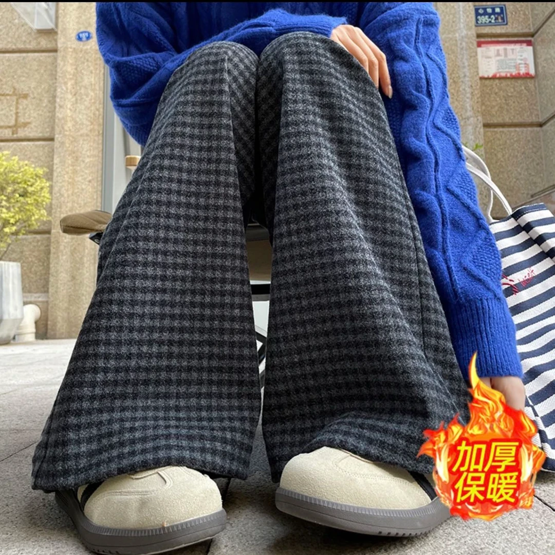 【W H】秋冬新款！加厚复古格子裤女半松紧百搭显瘦阔腿裤3241-02