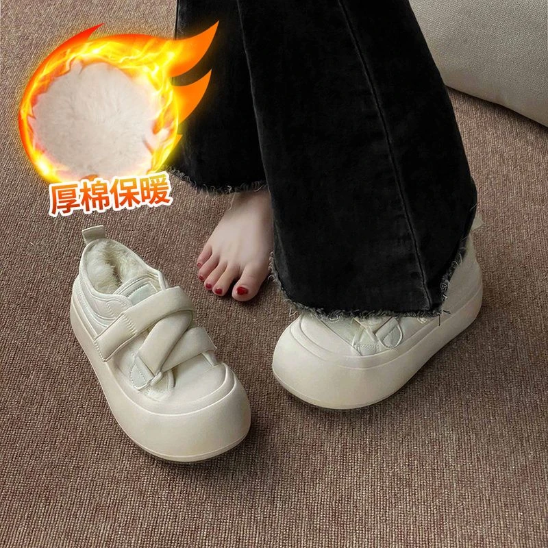 新款新款魔术贴奶油面包鞋女冬加绒棉鞋子2023新款厚底丑萌大头小