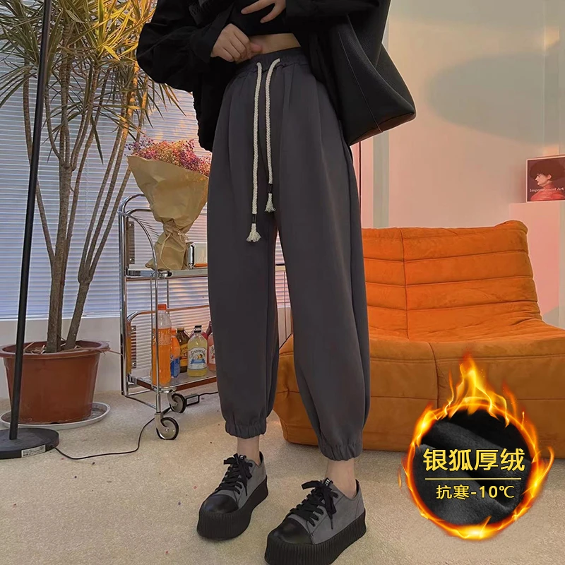 梨形身材束脚运动裤女加绒加厚大码胖mm宽松高腰显瘦遮胯休闲卫裤