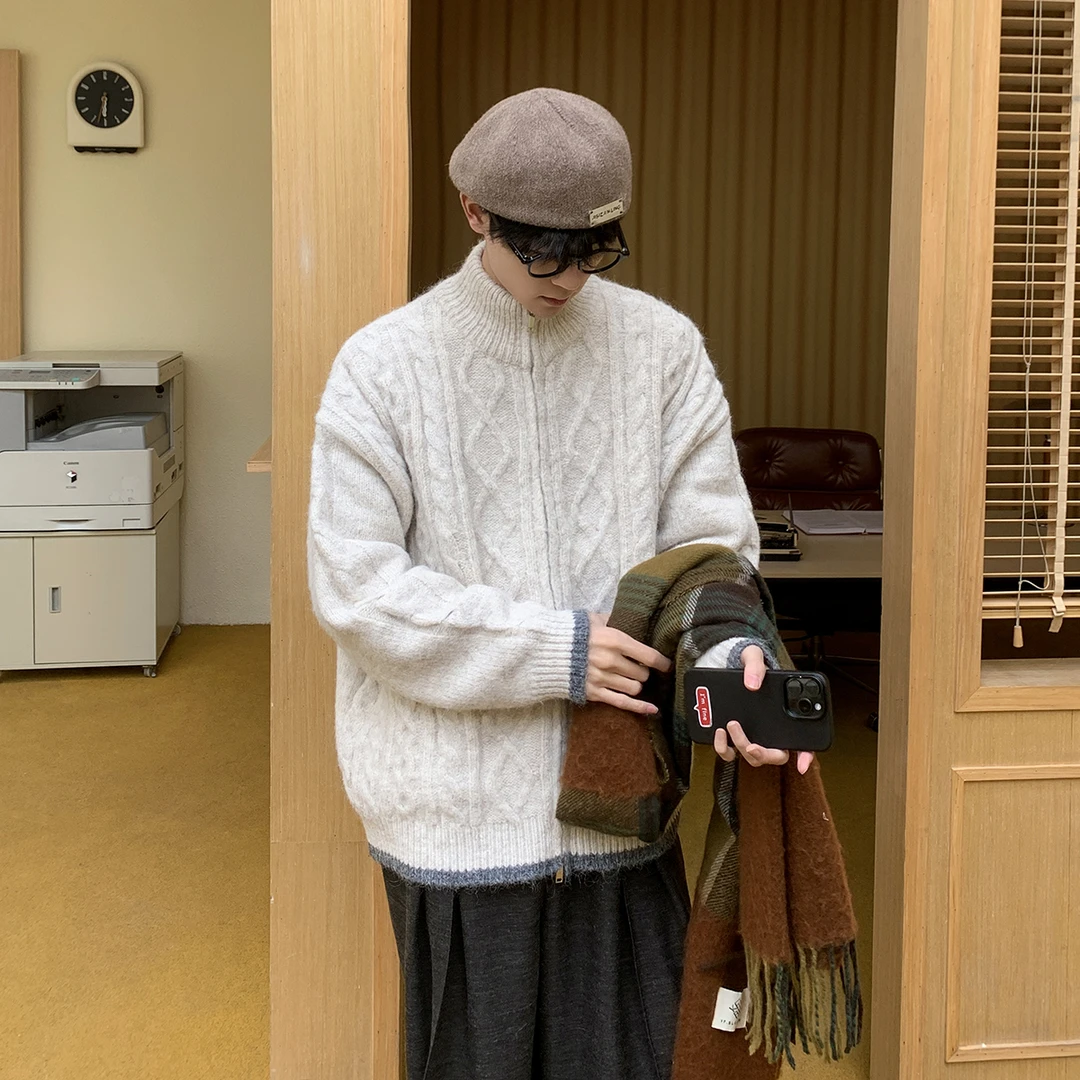 白口阳【初恋日记】设计感简约拉链高领毛衣休闲宽松百搭开衫Z8927